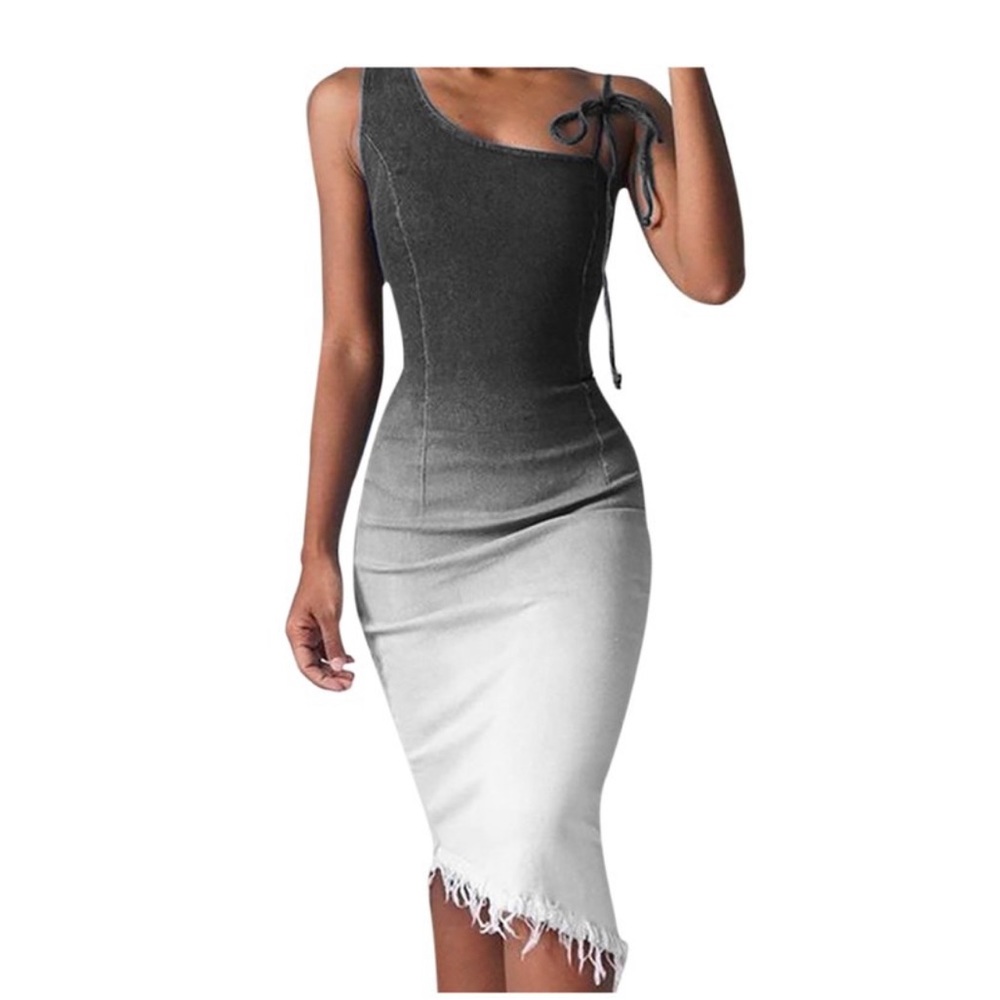 ChicMe Ombre Gray Tied Detail Raw Hem Denim Dress SzL